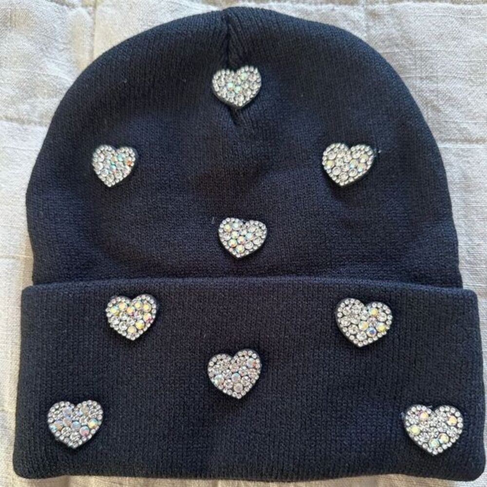 Black knit hat with rhinestone hearts
